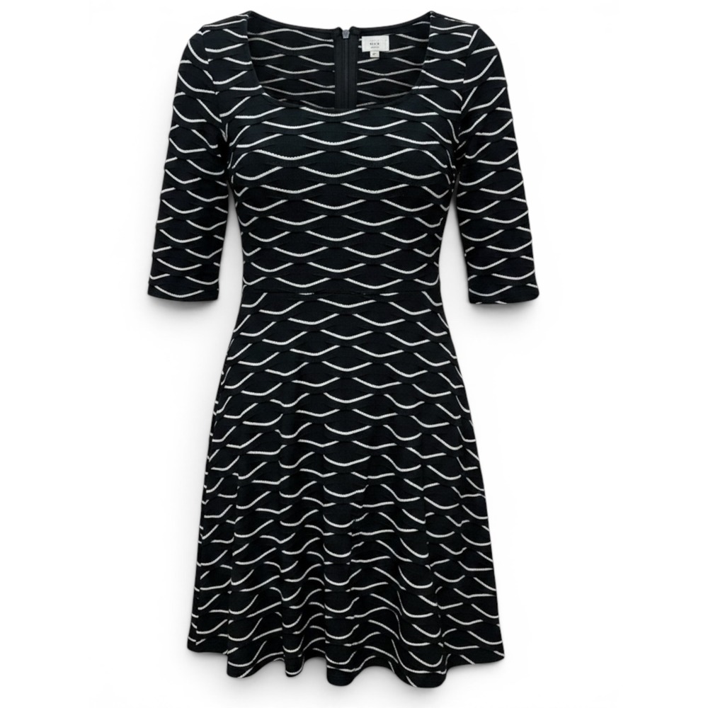 ECI New York‎ Black White Textured Wave Fit & Flare Dress 3/4 Sleeve Plus 20W